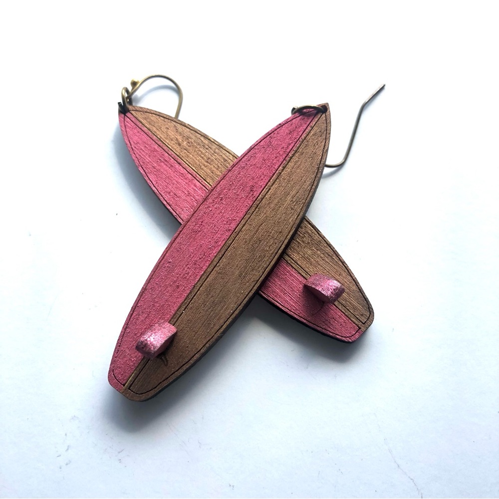 Surfboard Earrings | Lightweight wood | hand painted bronze/pink. Each unique